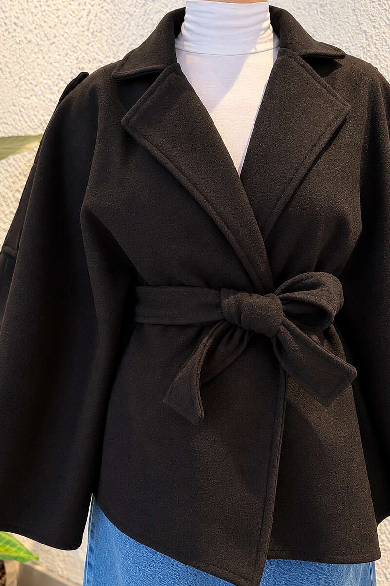 Batwing Poncho Coat with Tie - Black