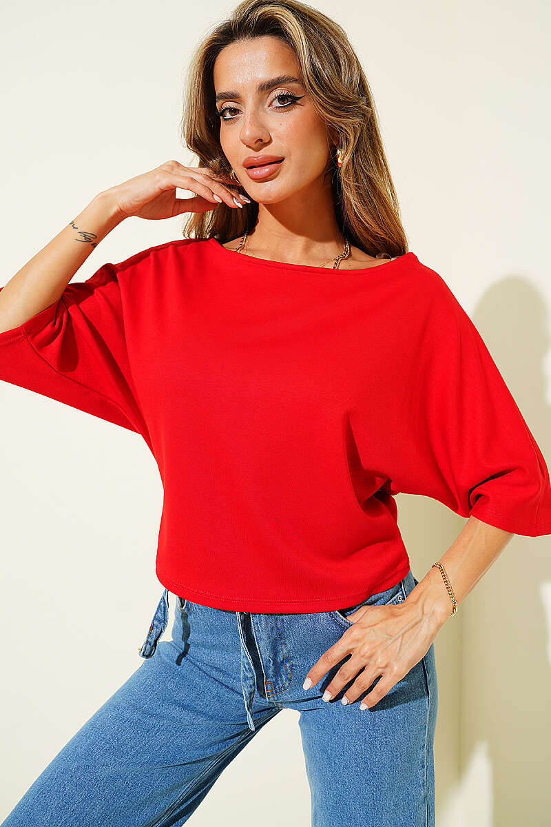 Batwing Boat-Neck Blouse - Red