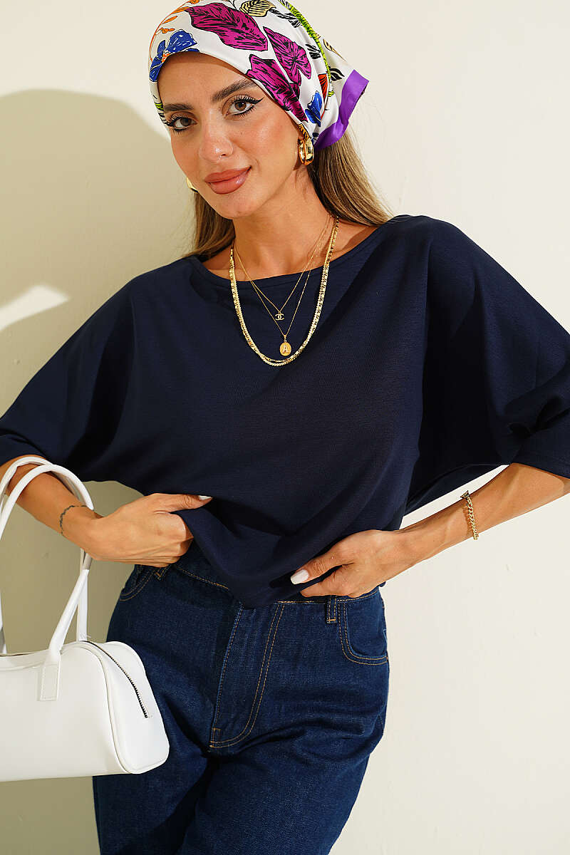 Batwing Boat-Neck Blouse - Navy