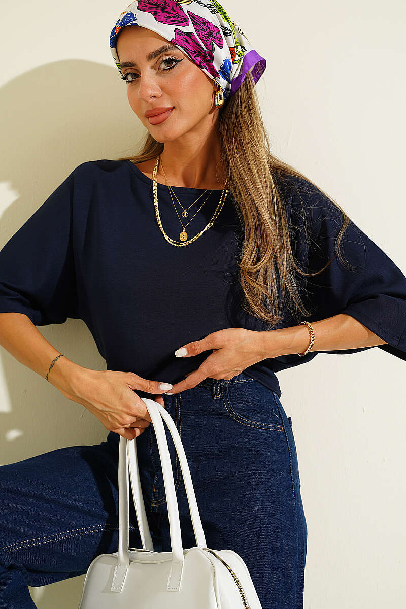 Batwing Boat-Neck Blouse - Navy