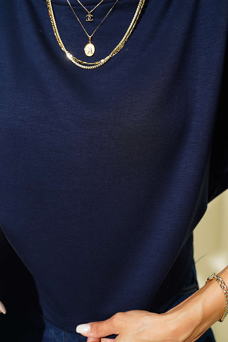 Batwing Boat-Neck Blouse - Navy