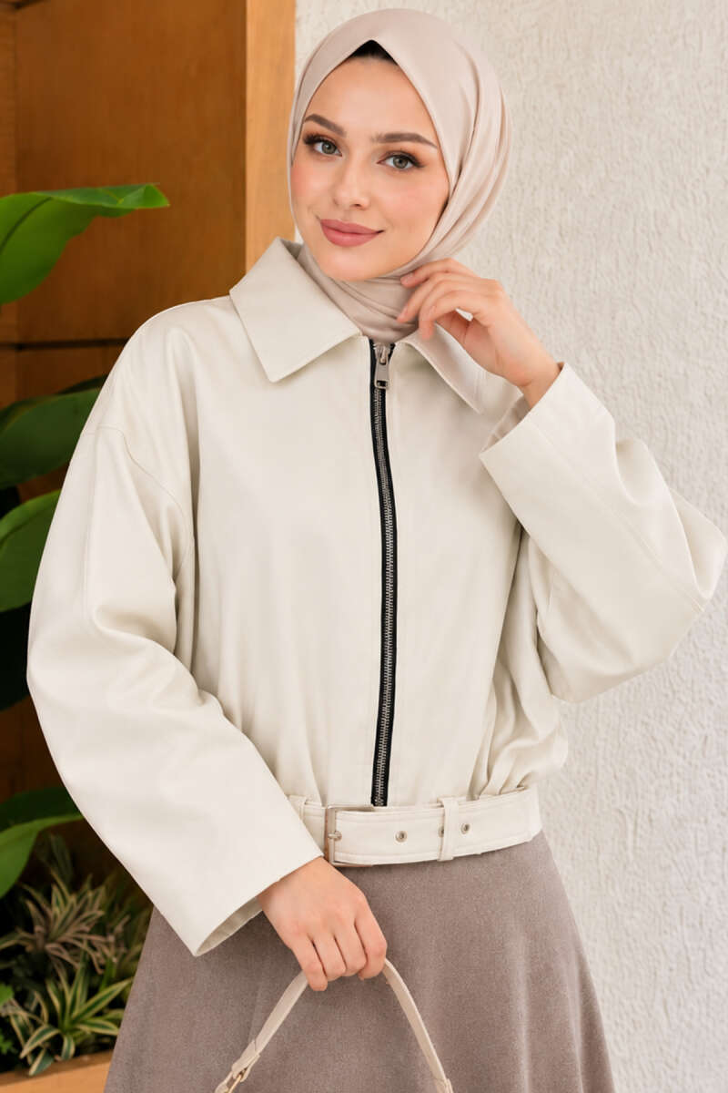 Batwing Leather Jacket with Belt Detail - Bone