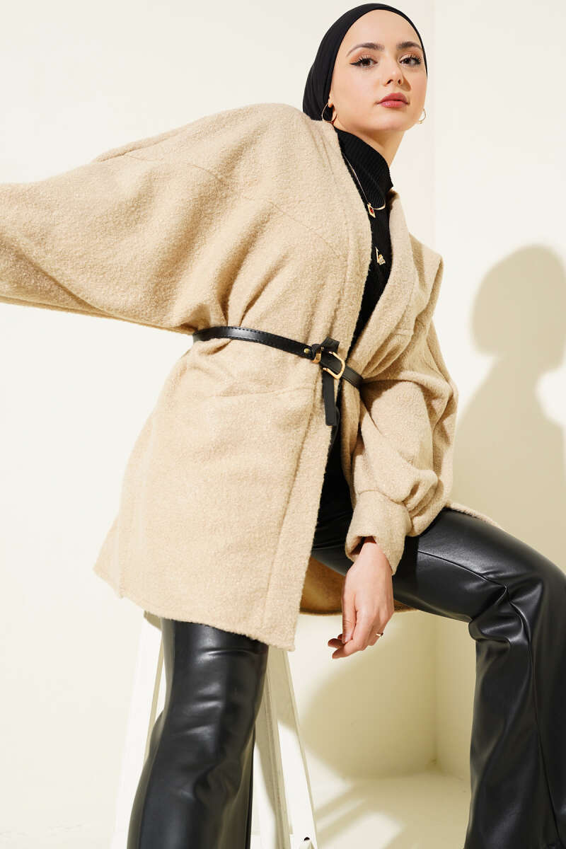 Belted Batwing Bouclé Jacket - Latte