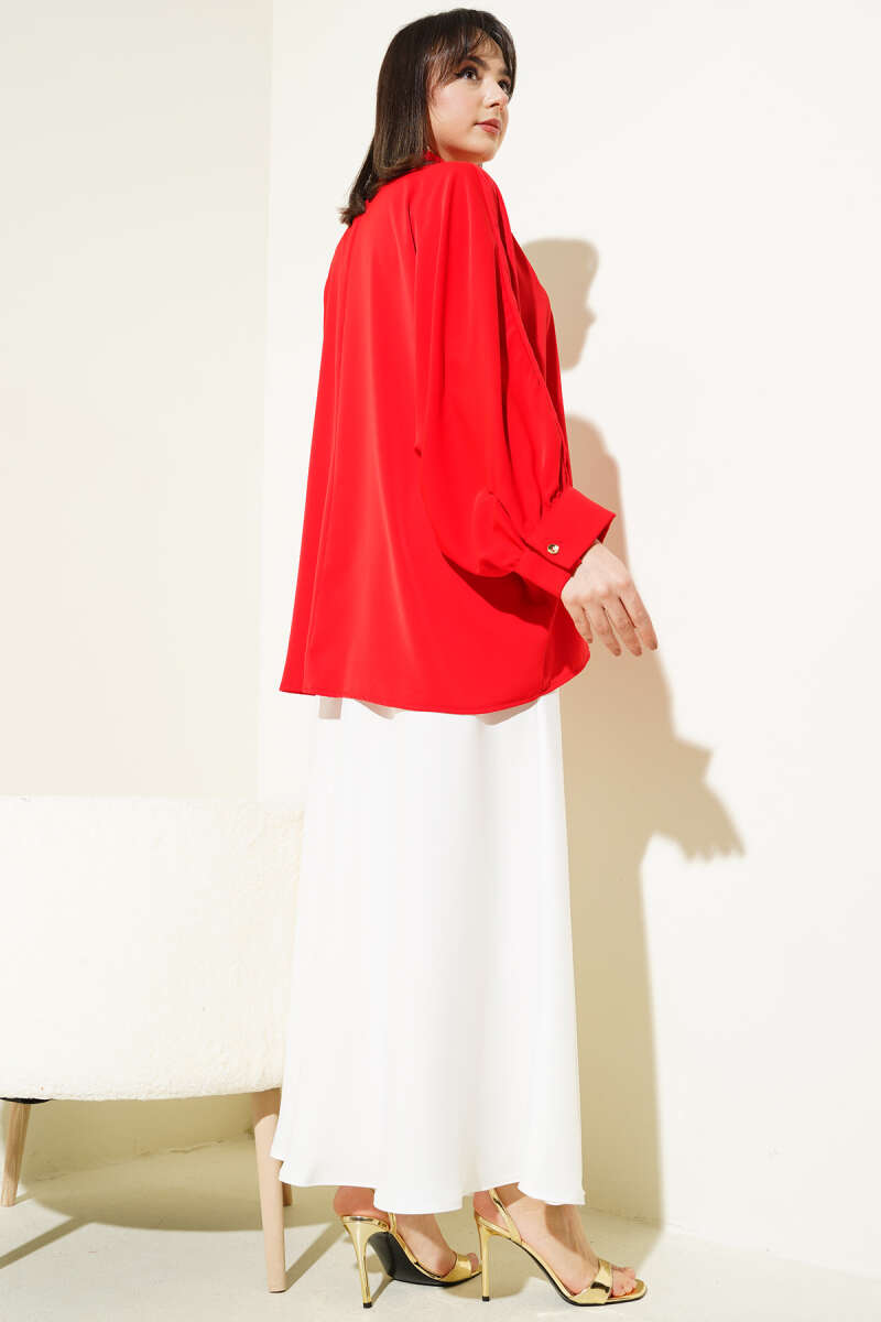 Oversized Batwing Shirt with Necklace - Red