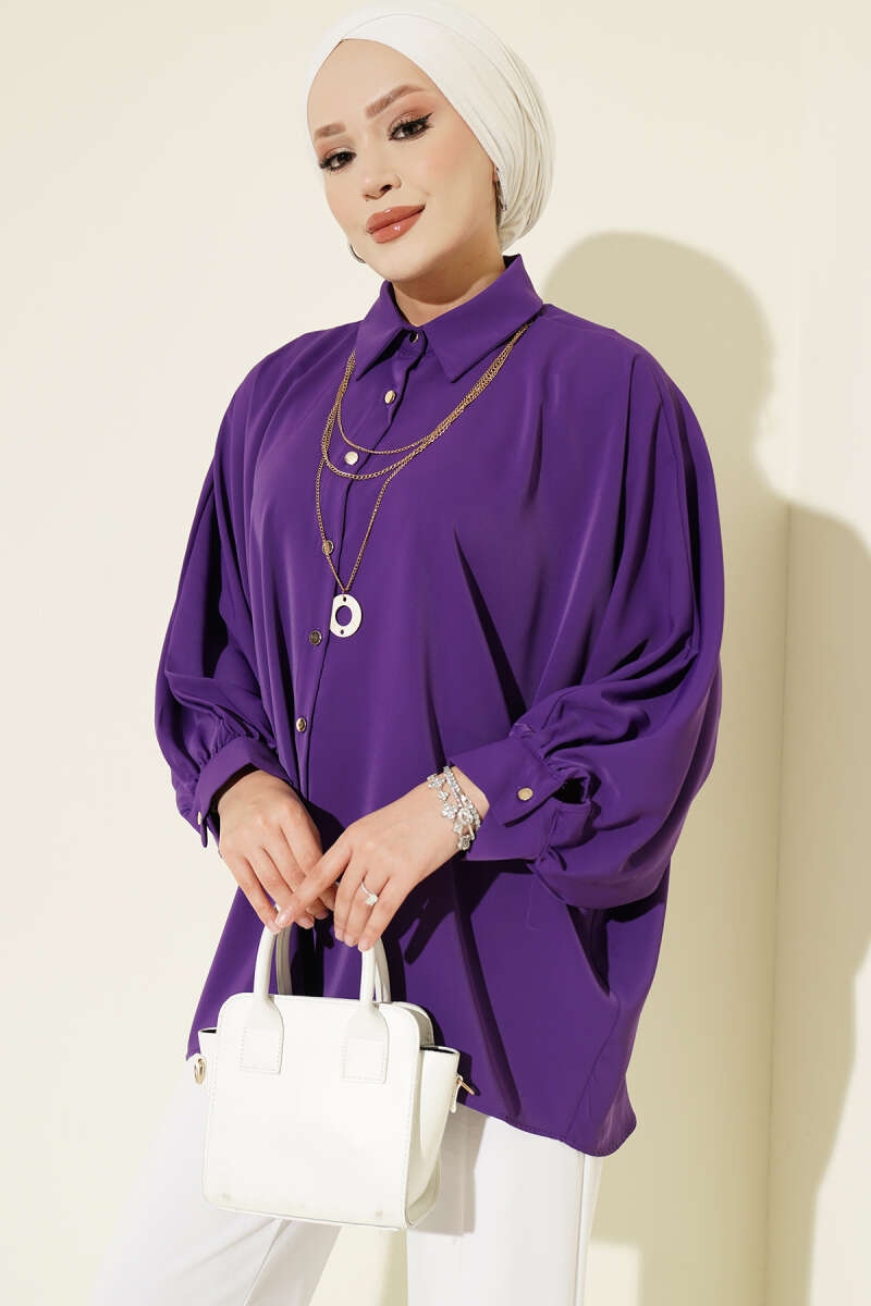 Oversized Batwing Shirt with Necklace - Purple
