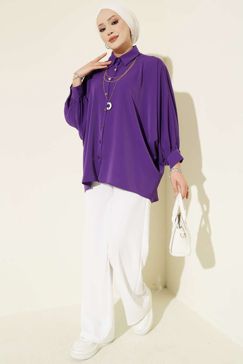 Oversized Batwing Shirt with Necklace - Purple