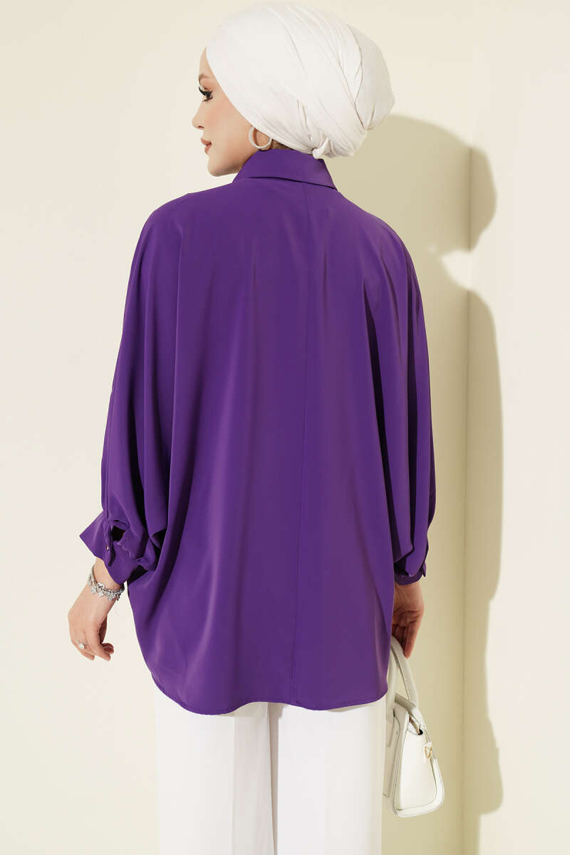 Oversized Batwing Shirt with Necklace - Purple