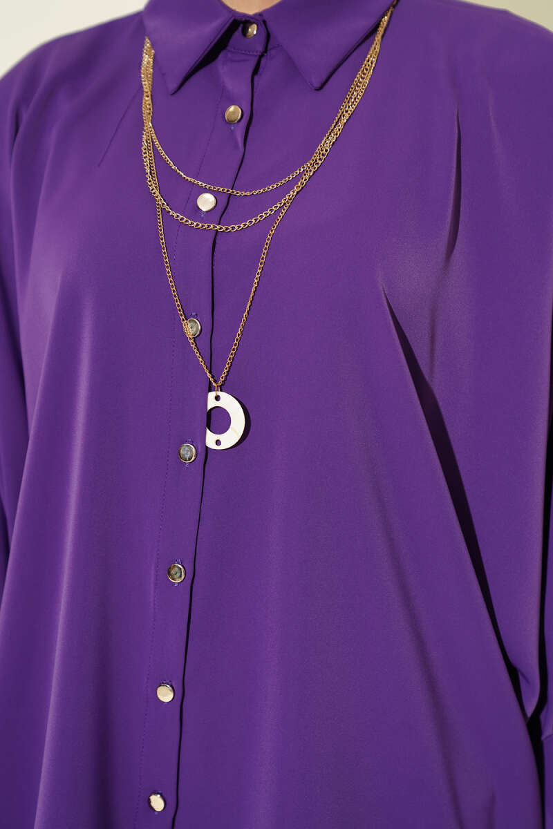 Oversized Batwing Shirt with Necklace - Purple