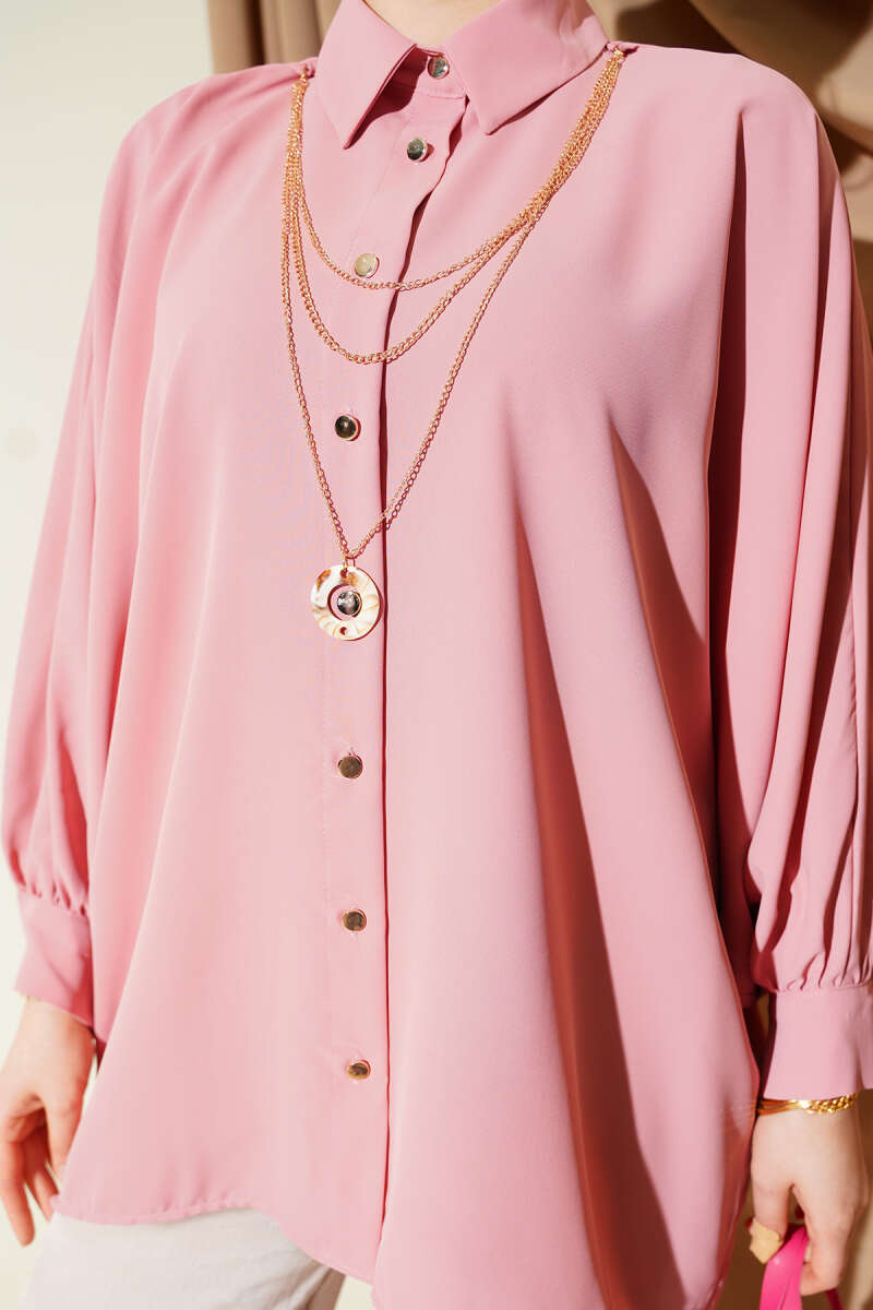 Oversized Batwing Shirt with Necklace - Powder