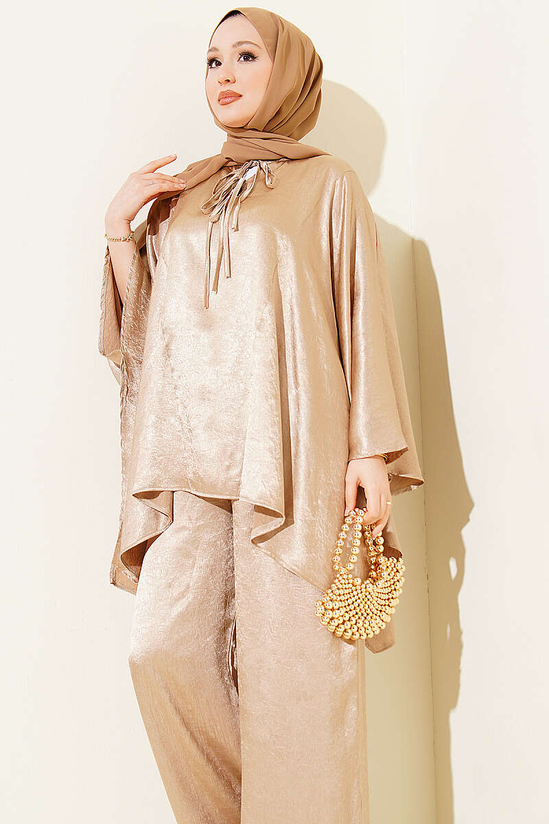 Batwing V-Neck Satin Two-Piece Set - Beige