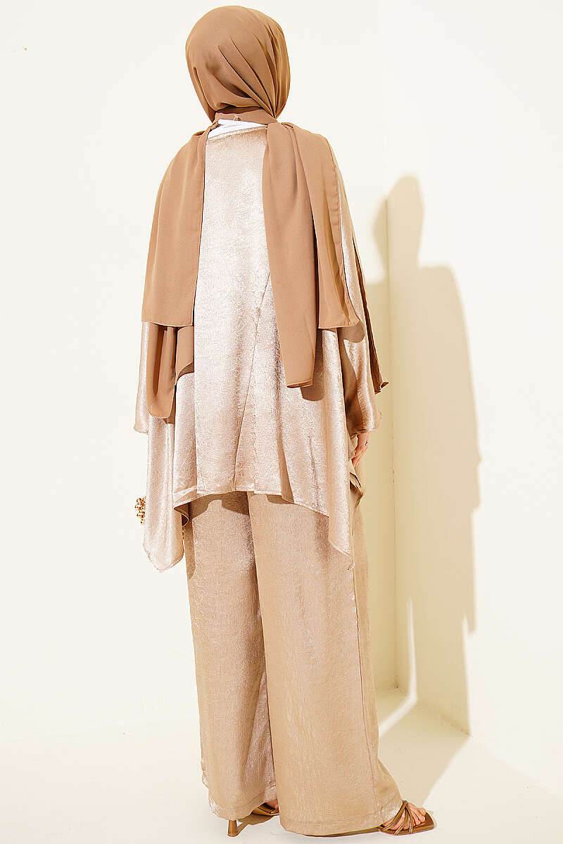 Batwing V-Neck Satin Two-Piece Set - Beige