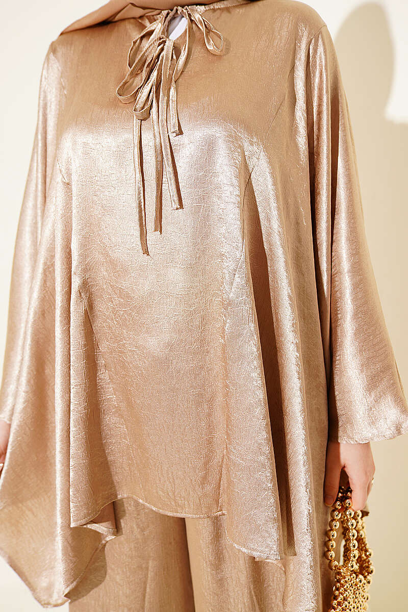 Batwing V-Neck Satin Two-Piece Set - Beige
