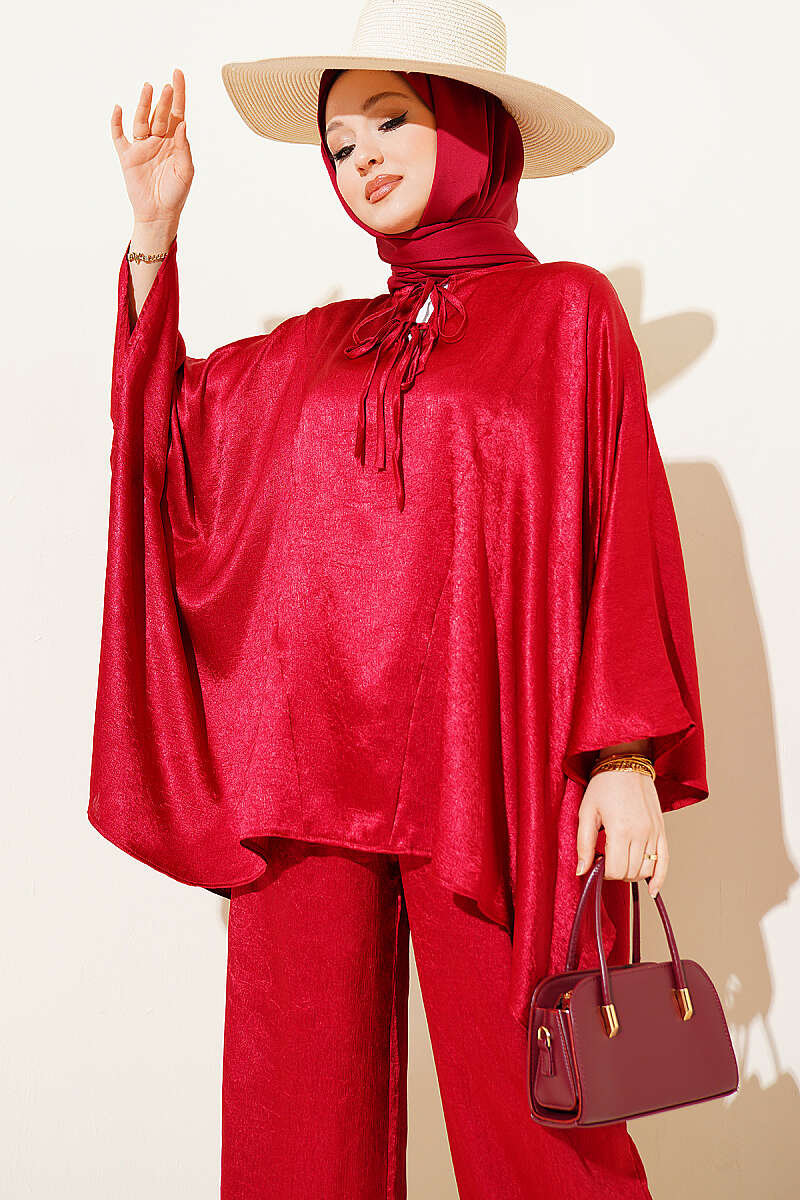 Batwing V-Neck Satin Two-Piece Set - Burgundy