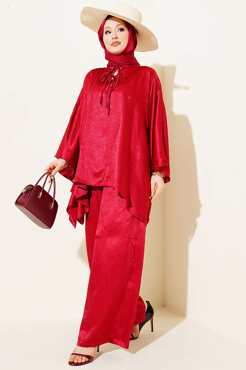 Batwing V-Neck Satin Two-Piece Set - Burgundy