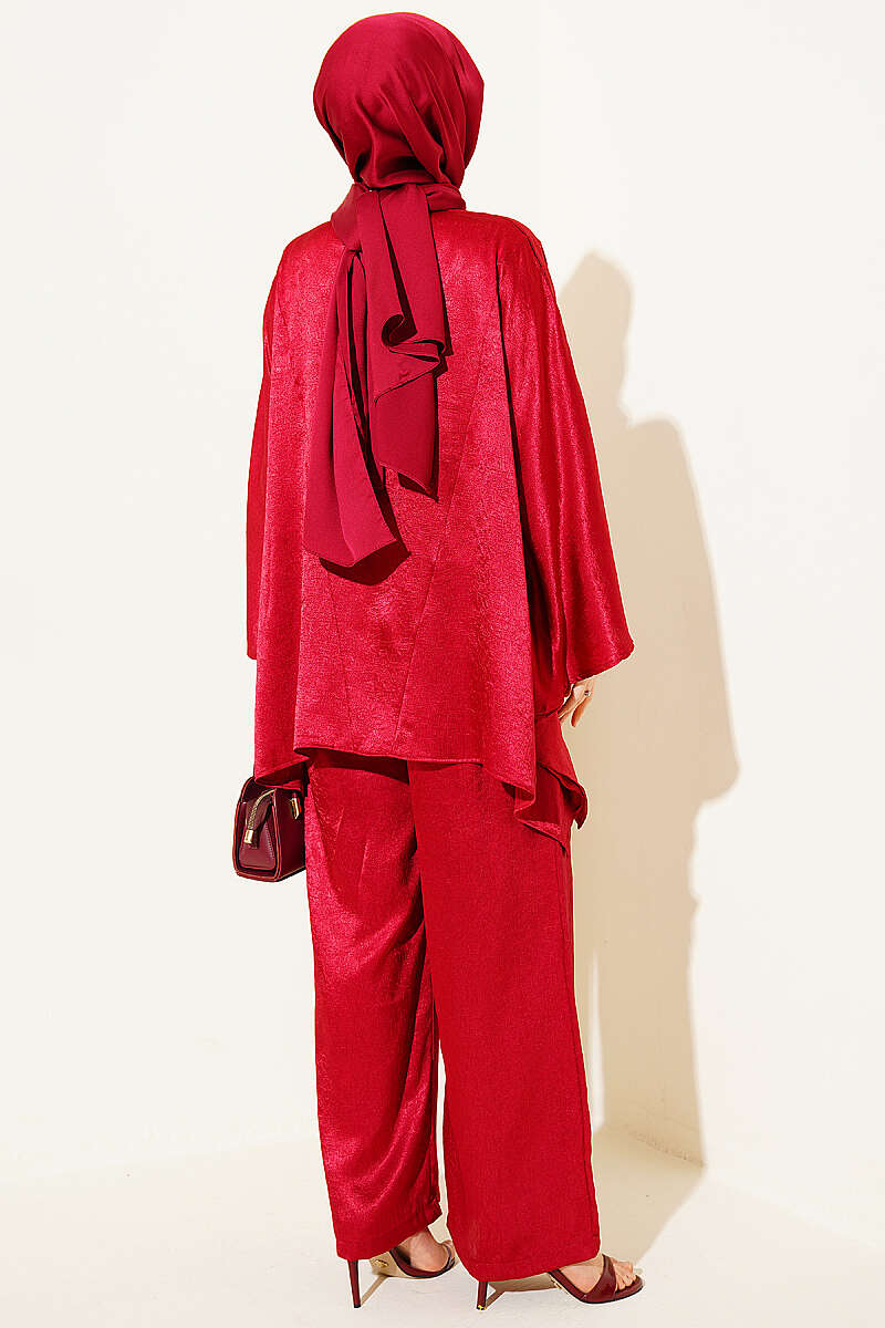 Batwing V-Neck Satin Two-Piece Set - Burgundy