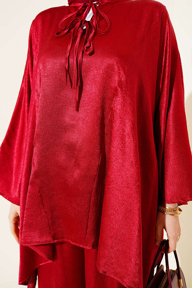 Batwing V-Neck Satin Two-Piece Set - Burgundy