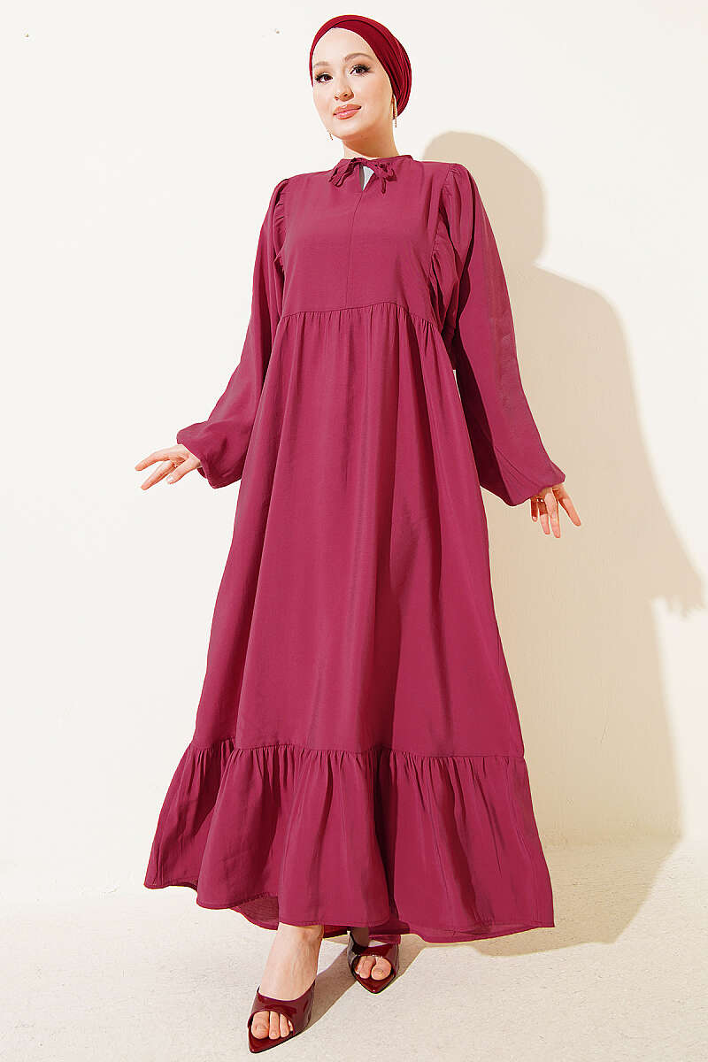 Batwing Modal Dress with Tie Collar - Burgundy