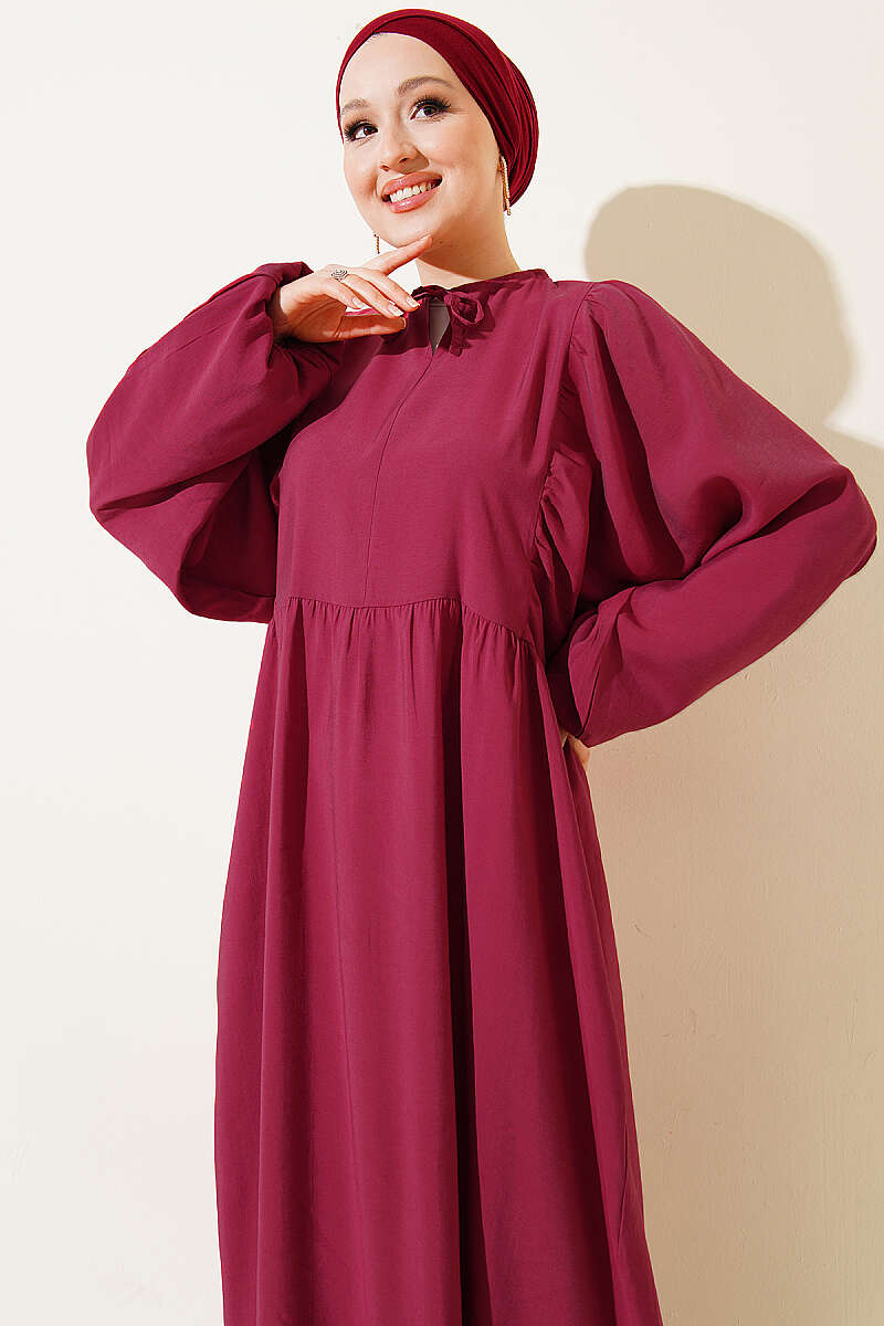 Batwing Modal Dress with Tie Collar - Burgundy