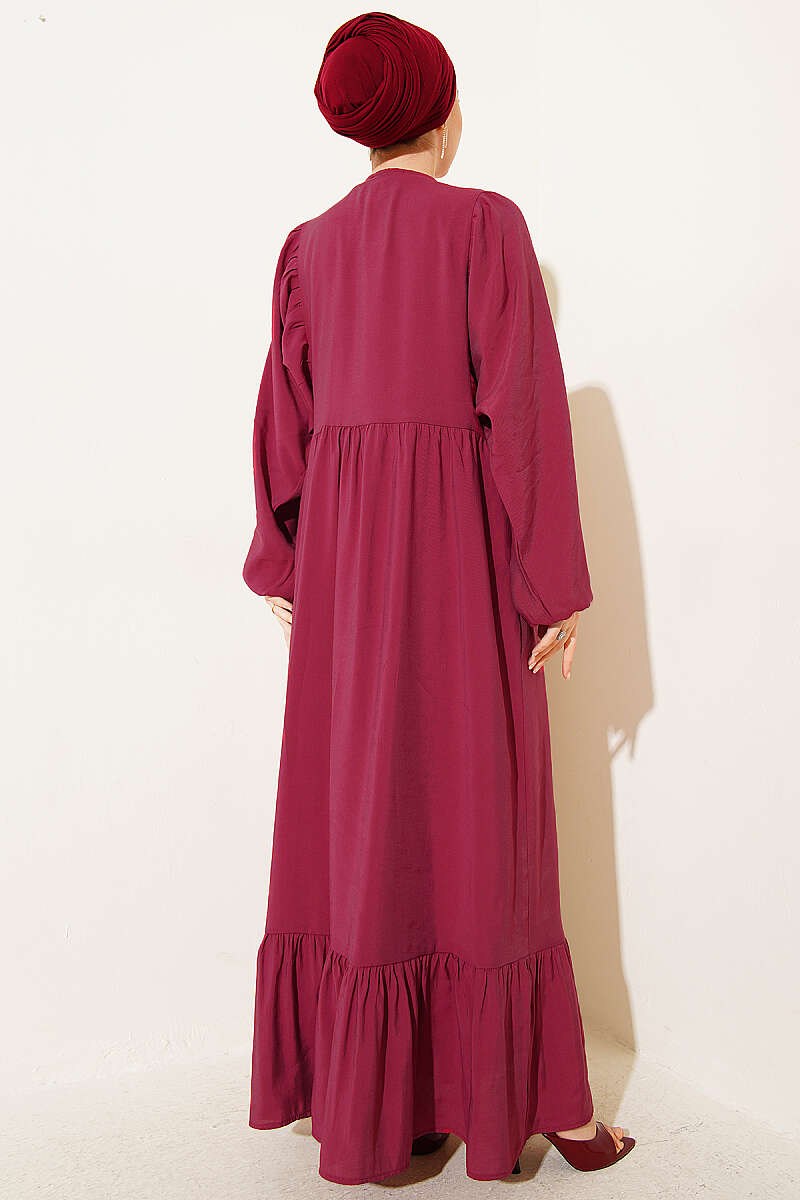 Batwing Modal Dress with Tie Collar - Burgundy