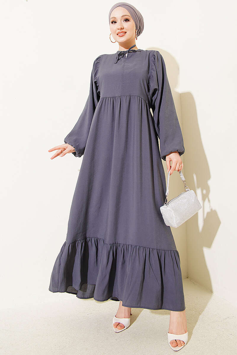 Batwing Modal Dress with Tie Collar - Smoke Grey