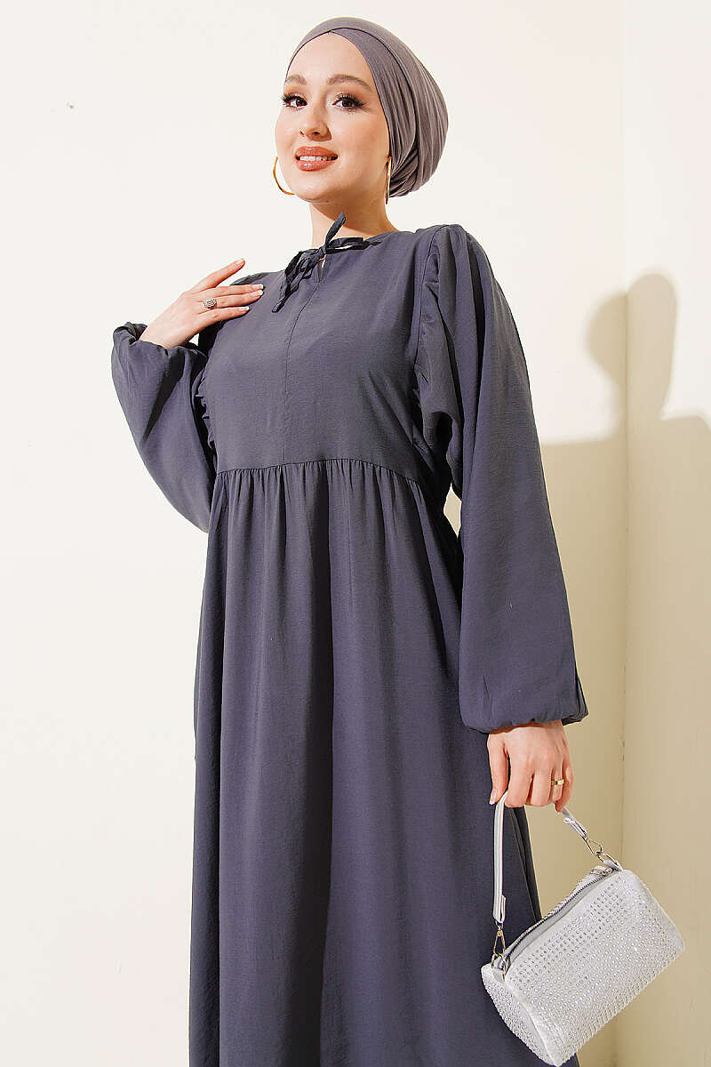 Batwing Modal Dress with Tie Collar - Smoke Grey