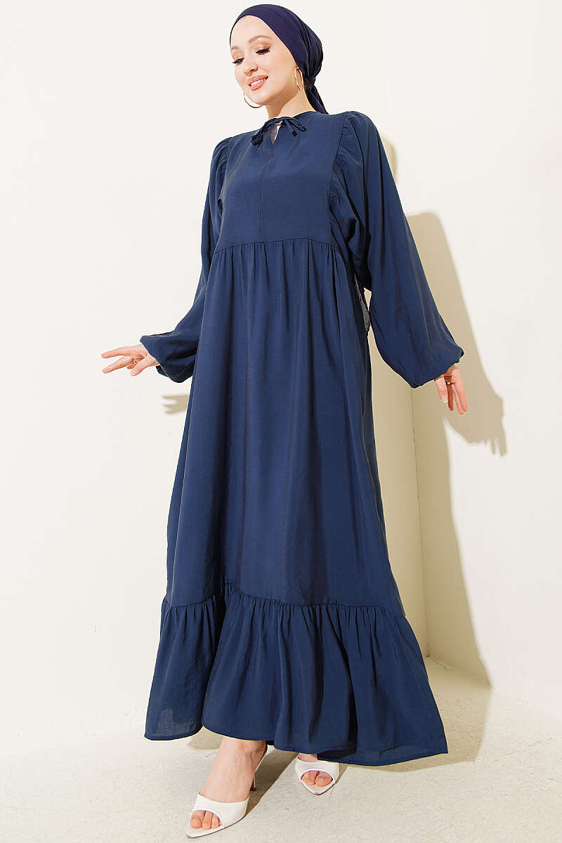 Batwing Modal Dress with Tie Collar - Navy