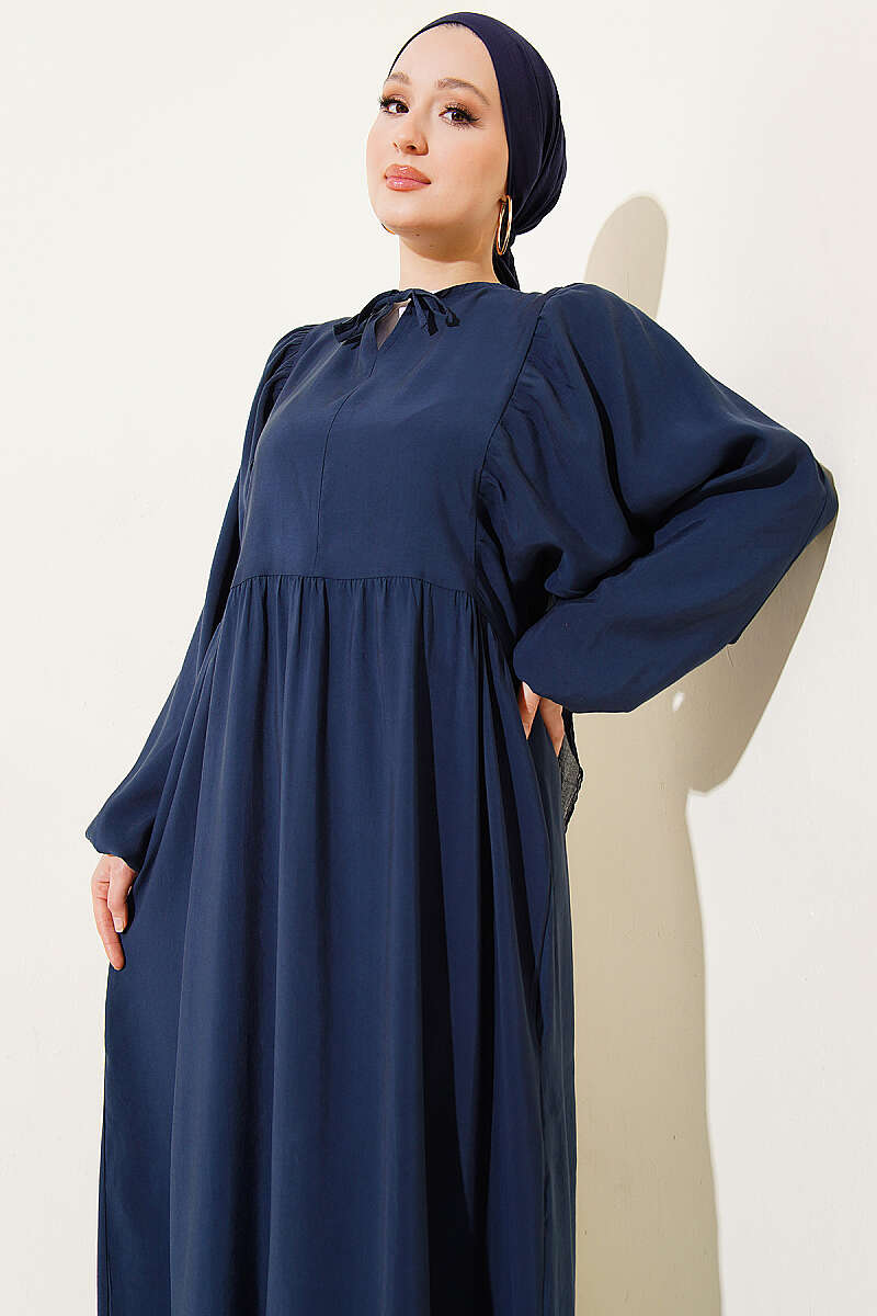 Batwing Modal Dress with Tie Collar - Navy
