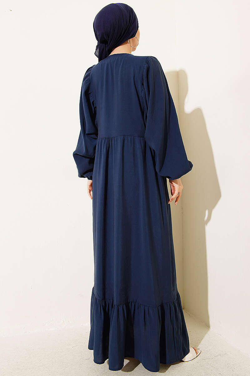 Batwing Modal Dress with Tie Collar - Navy