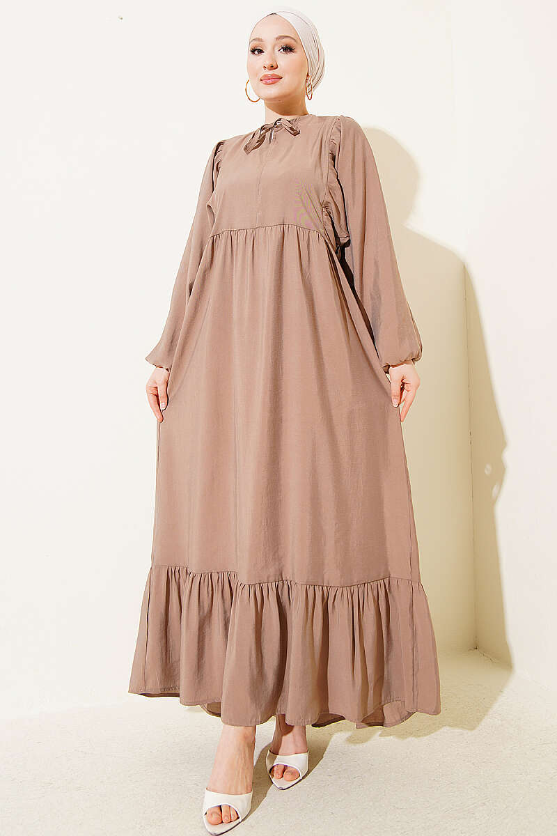 Batwing Modal Dress with Tie Collar - Latte