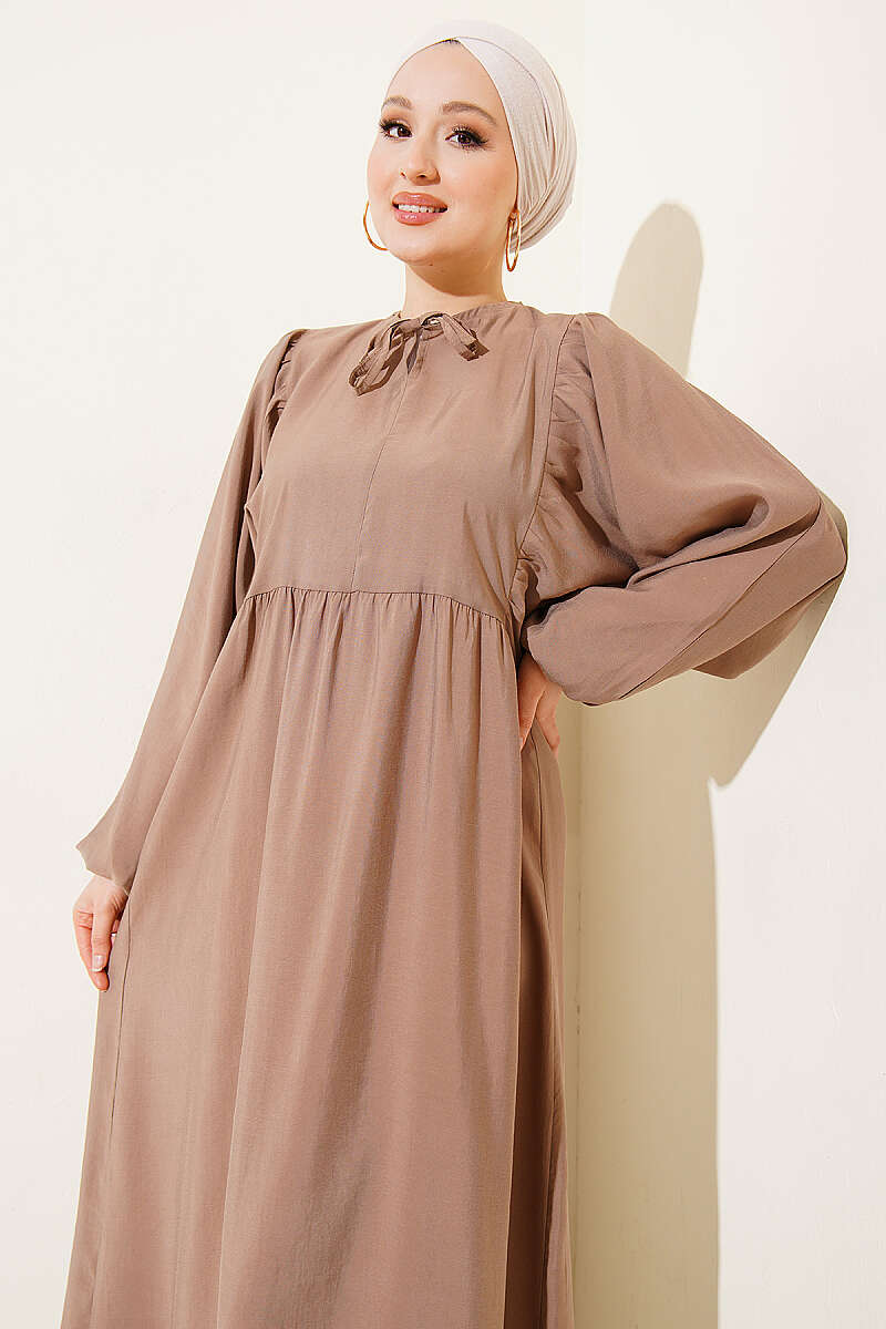 Batwing Modal Dress with Tie Collar - Latte