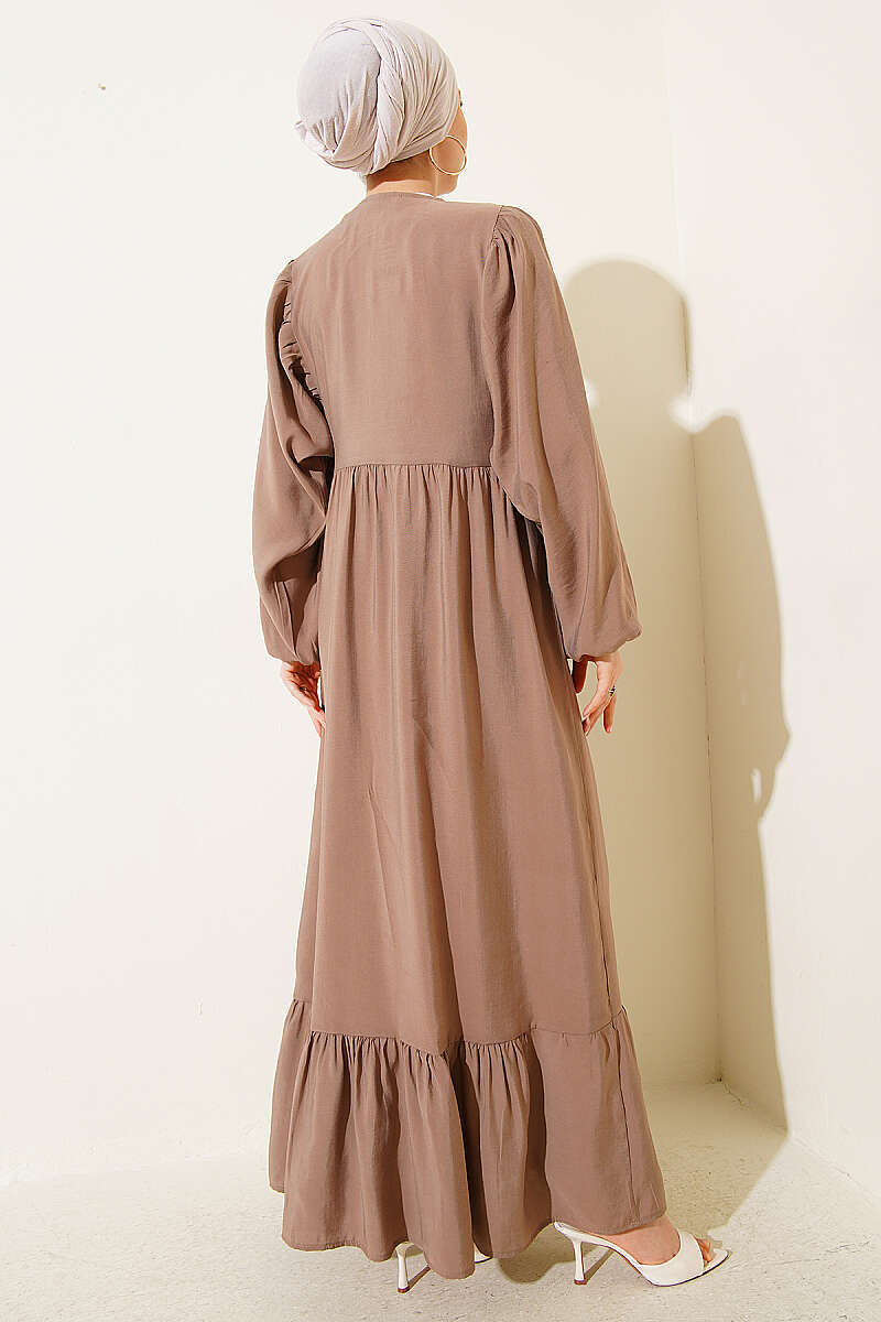 Batwing Modal Dress with Tie Collar - Latte