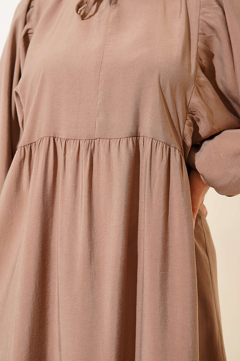 Batwing Modal Dress with Tie Collar - Latte