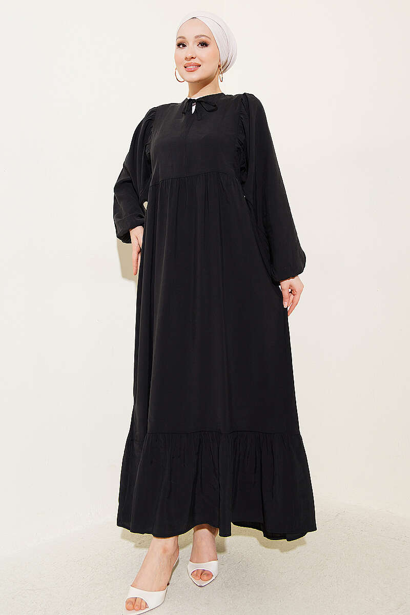 Batwing Modal Dress with Tie Collar - Black