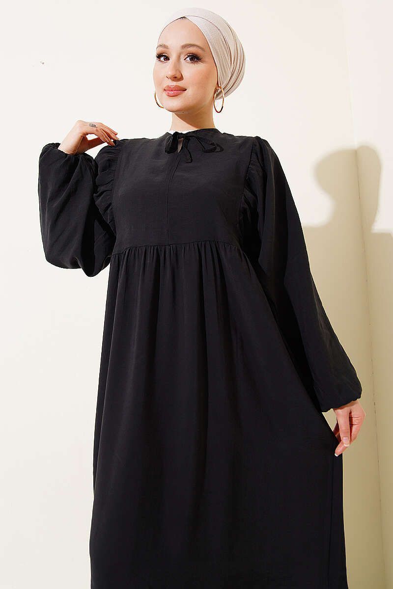 Batwing Modal Dress with Tie Collar - Black