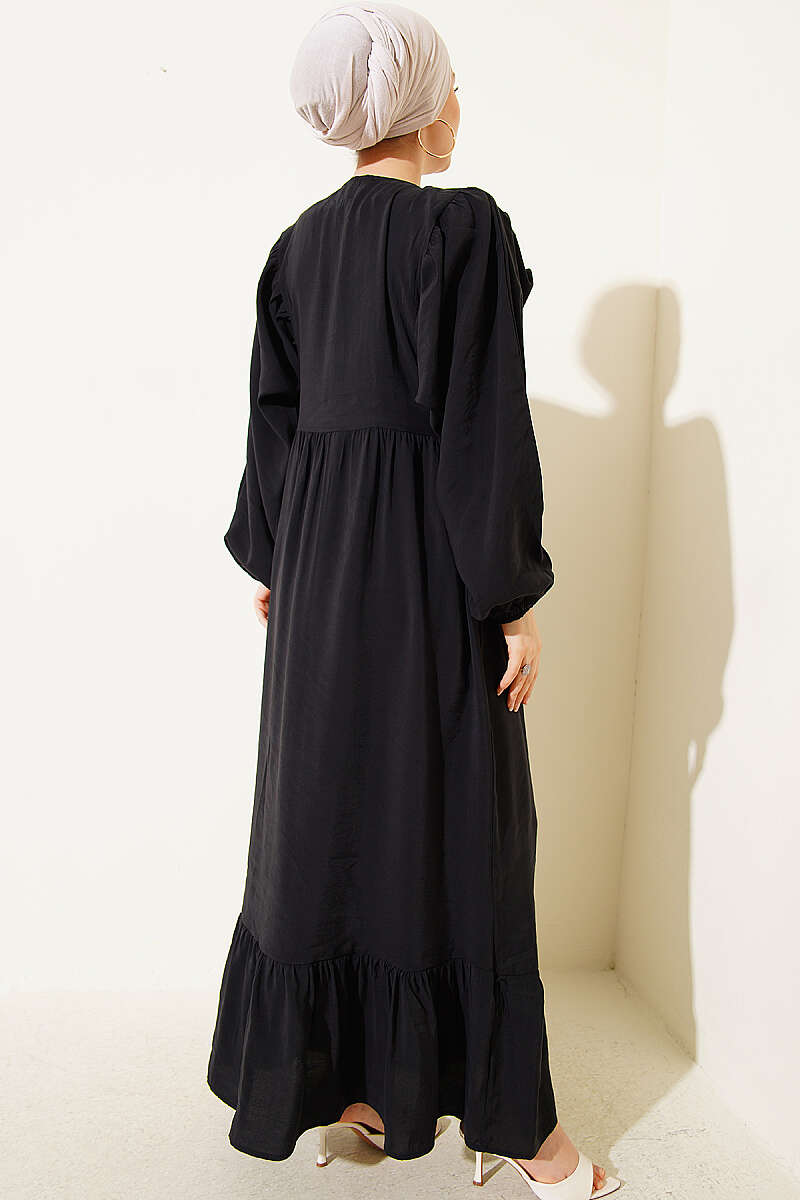 Batwing Modal Dress with Tie Collar - Black