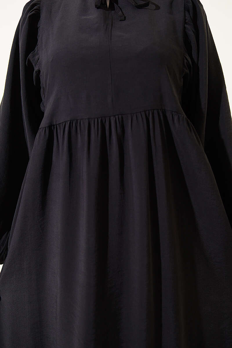 Batwing Modal Dress with Tie Collar - Black