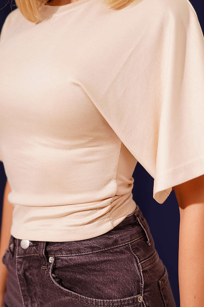 Batwing Blouse with Ruched Sides - Beige