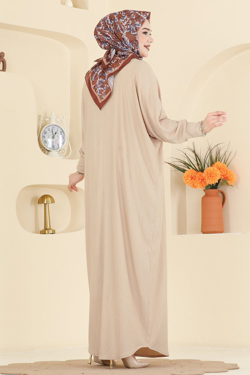 Batwing-Sleeve Crinkle Dress - Beige