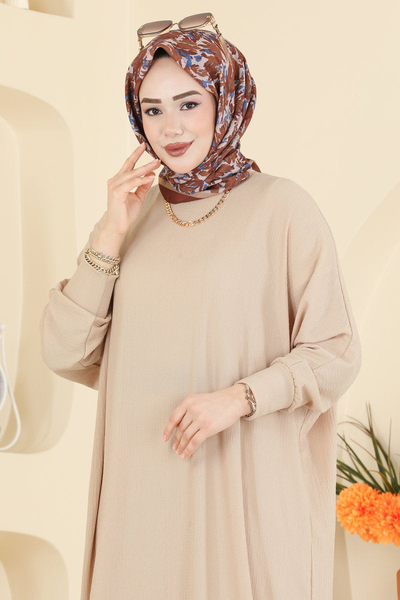 Batwing-Sleeve Crinkle Dress - Beige