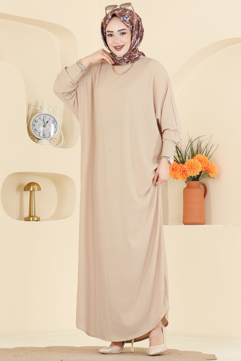 Batwing-Sleeve Crinkle Dress - Beige
