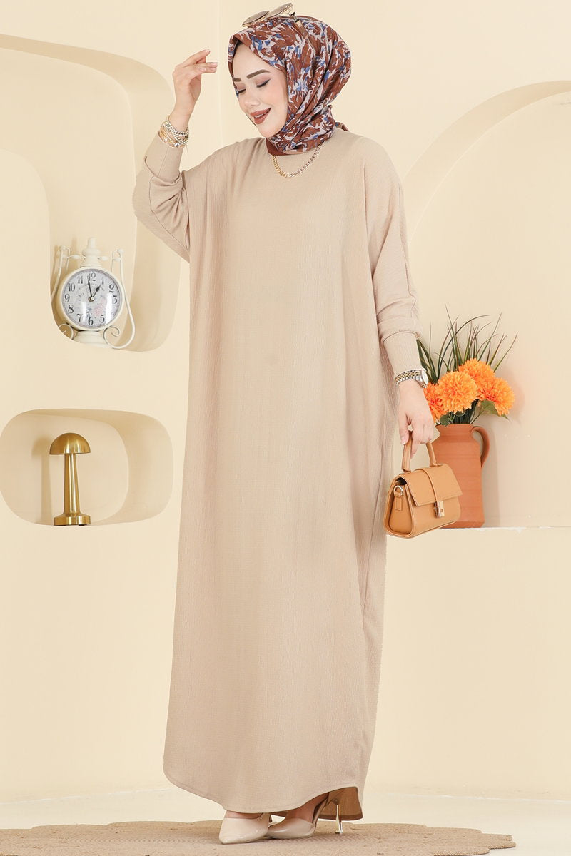 Batwing-Sleeve Crinkle Dress - Beige