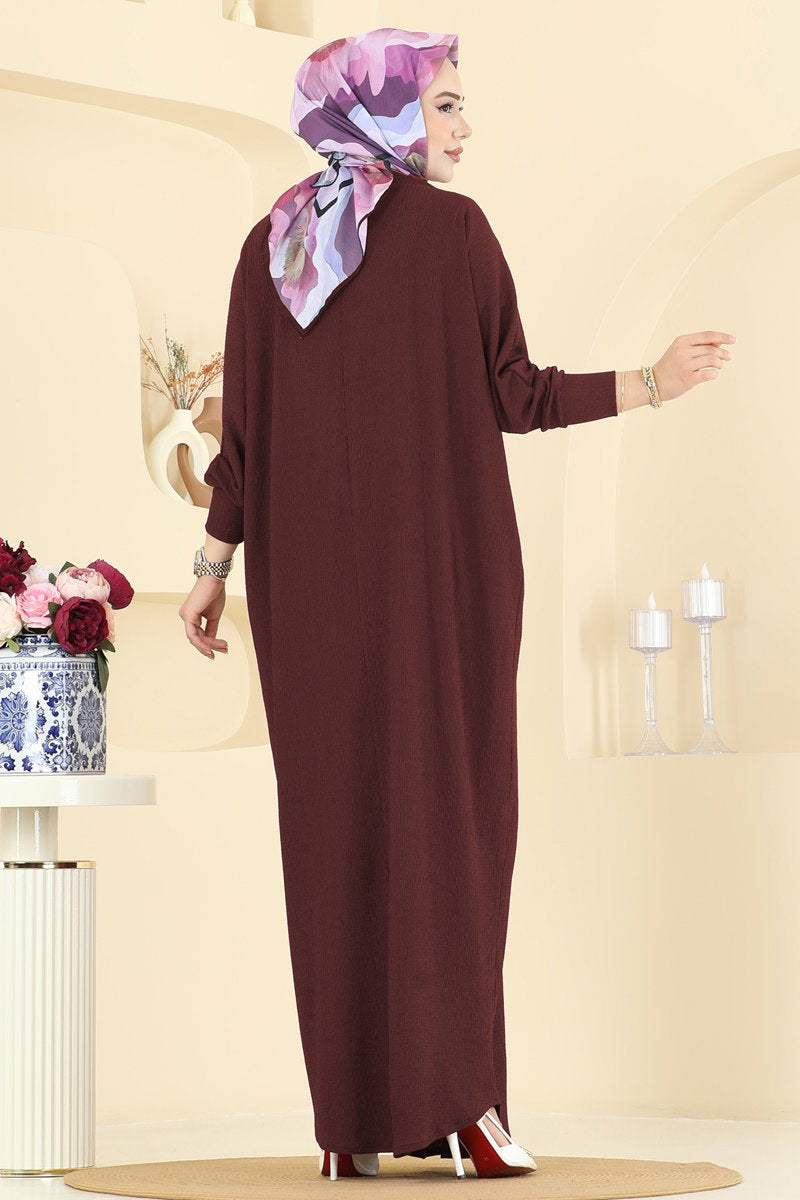 Batwing-Sleeve Crinkle Dress - Burgundy