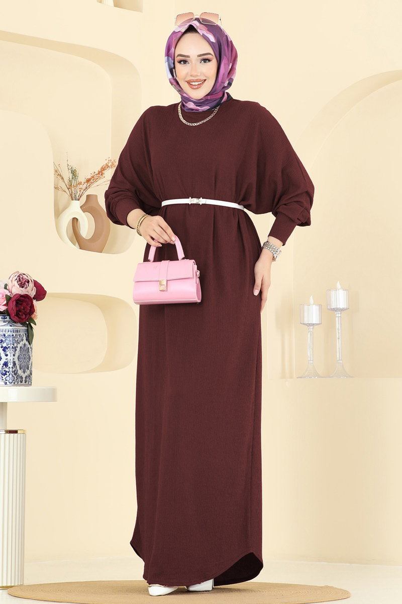 Batwing-Sleeve Crinkle Dress - Burgundy