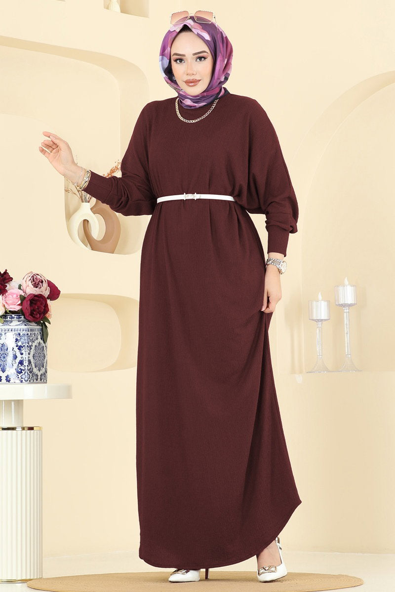Batwing-Sleeve Crinkle Dress - Burgundy