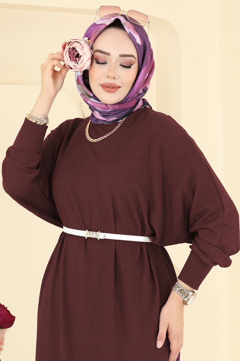Batwing-Sleeve Crinkle Dress - Burgundy