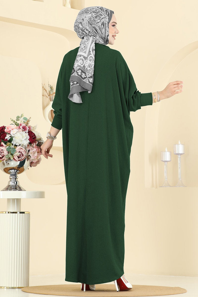 Batwing-Sleeve Crinkle Dress - Emerald