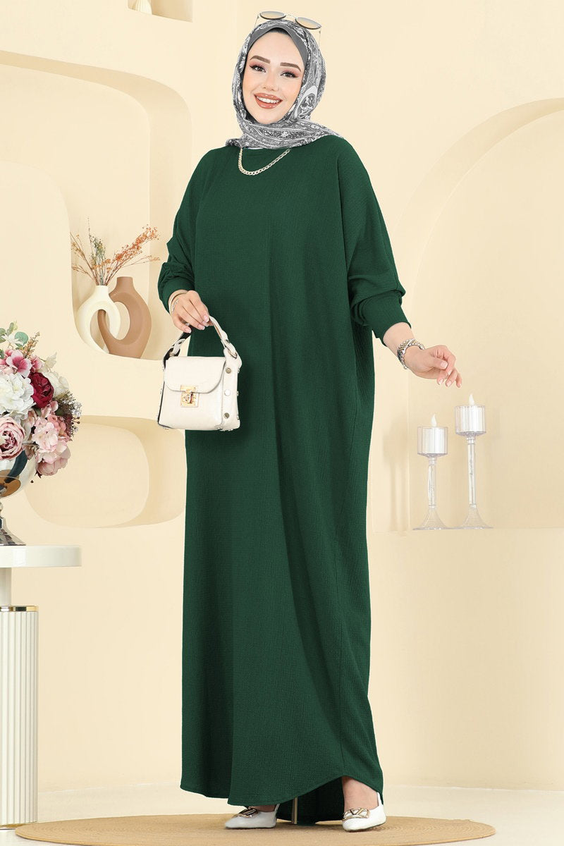 Batwing-Sleeve Crinkle Dress - Emerald