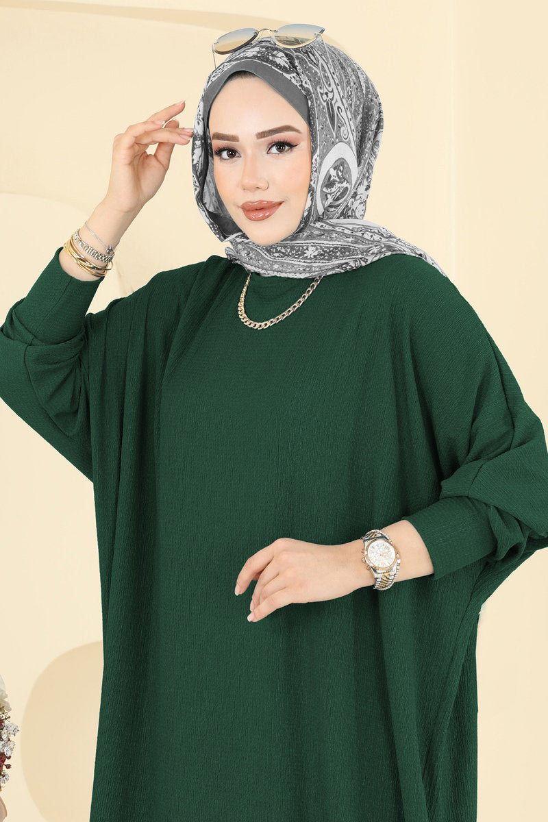 Batwing-Sleeve Crinkle Dress - Emerald