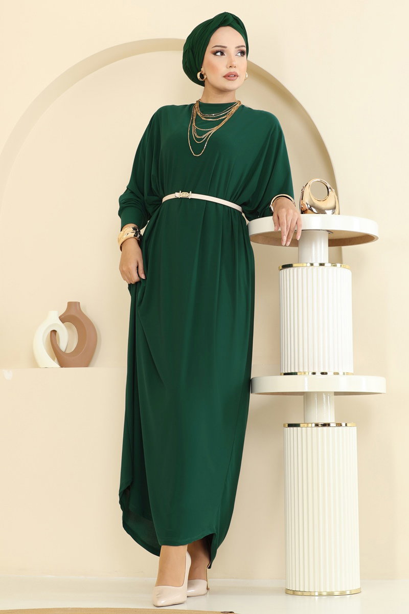 Batwing-Sleeve Sandy Crepe Dress - Light Emerald