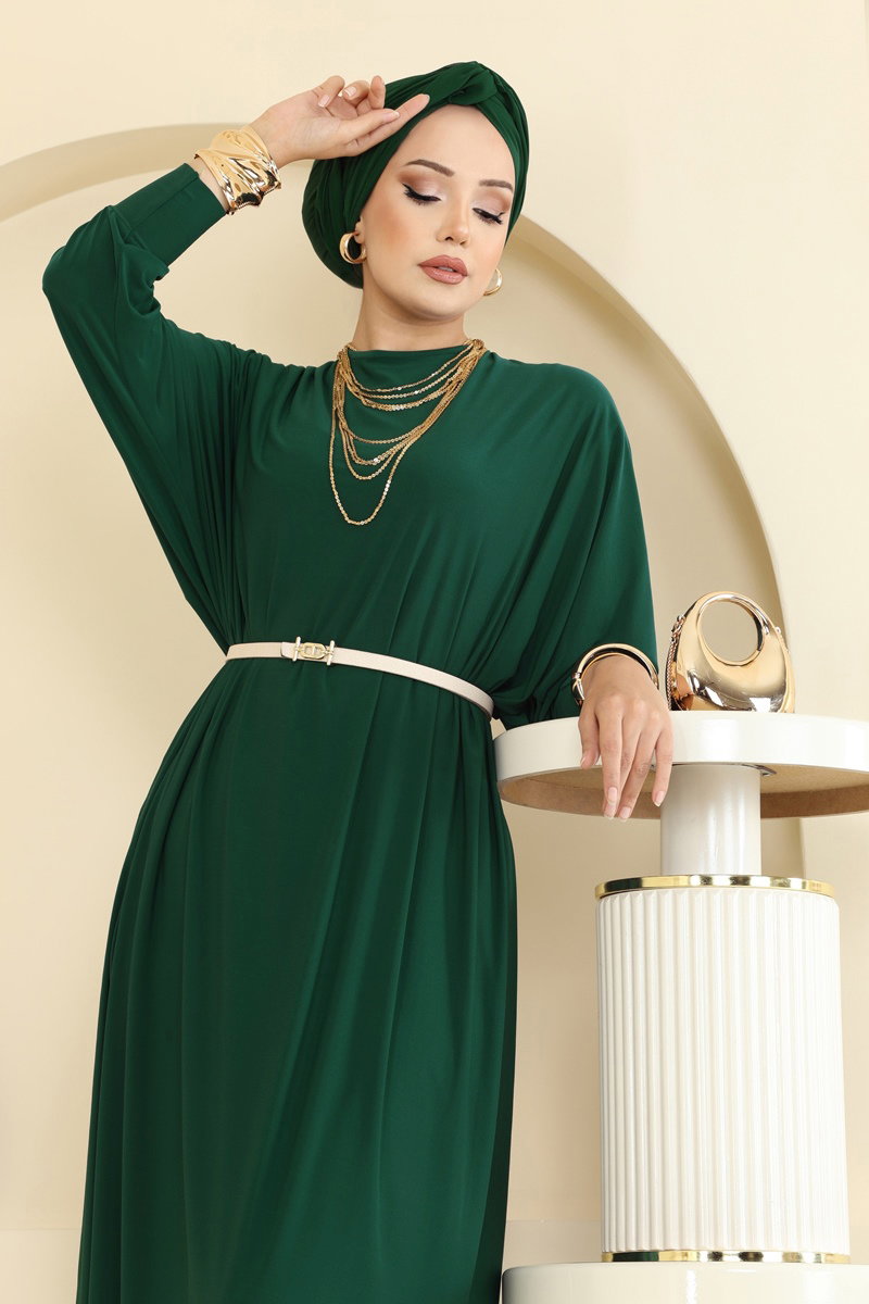 Batwing-Sleeve Sandy Crepe Dress - Light Emerald